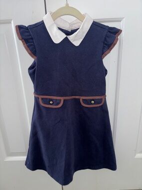 Janie and Jack Classic Navy Peter Pan Collar Kids Dress with Brown Trim 6